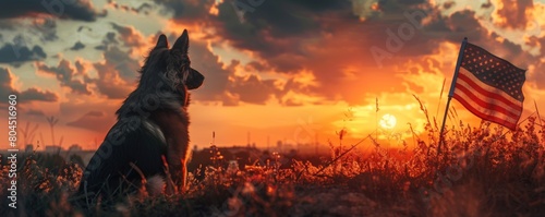 A loyal companion and a true patriot, this German Shepherd stands guard over the American flag as the sun sets on a beautiful day. photo