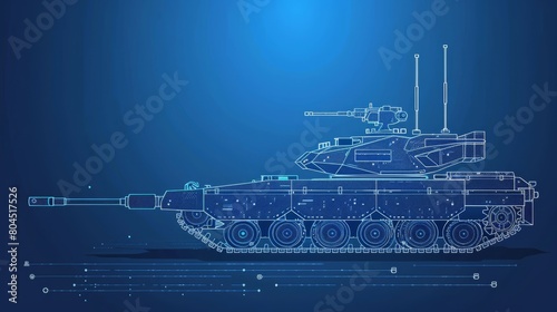  A blueprint drawing of a tank against a dark blue backdrop, featuring a light blue foreground Incorporate a line drawing of the tank at the drawing's base