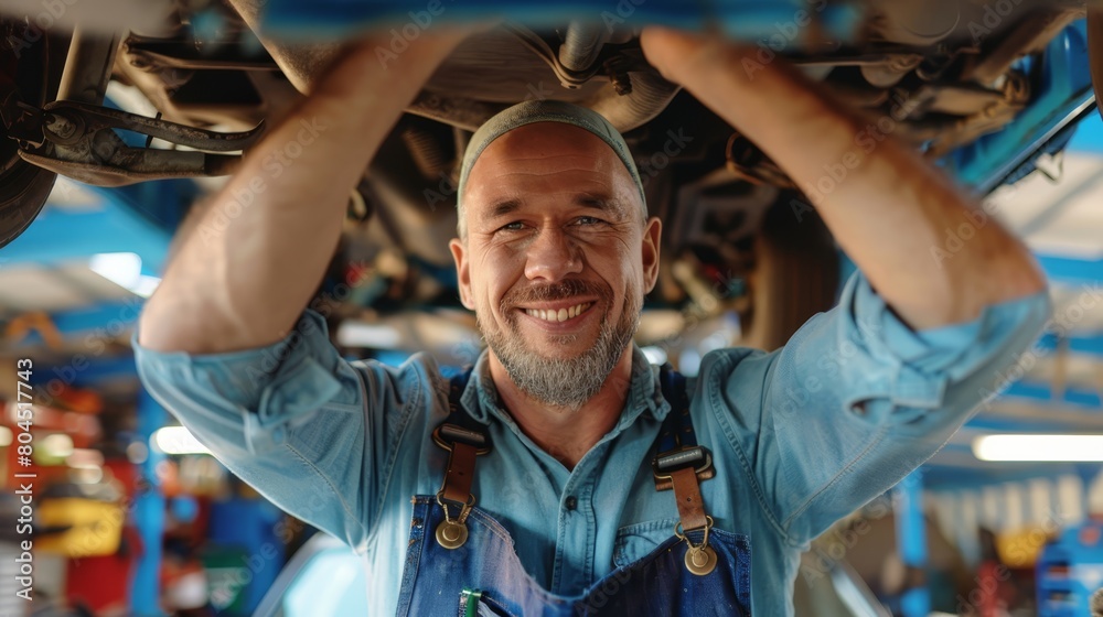 A man in a blue shirt and overalls happily holds a car hood toward his face as he smiles at the camera A man in a blue shirt and overalls happily holds a car hood toward his face as he smiles at the camera
