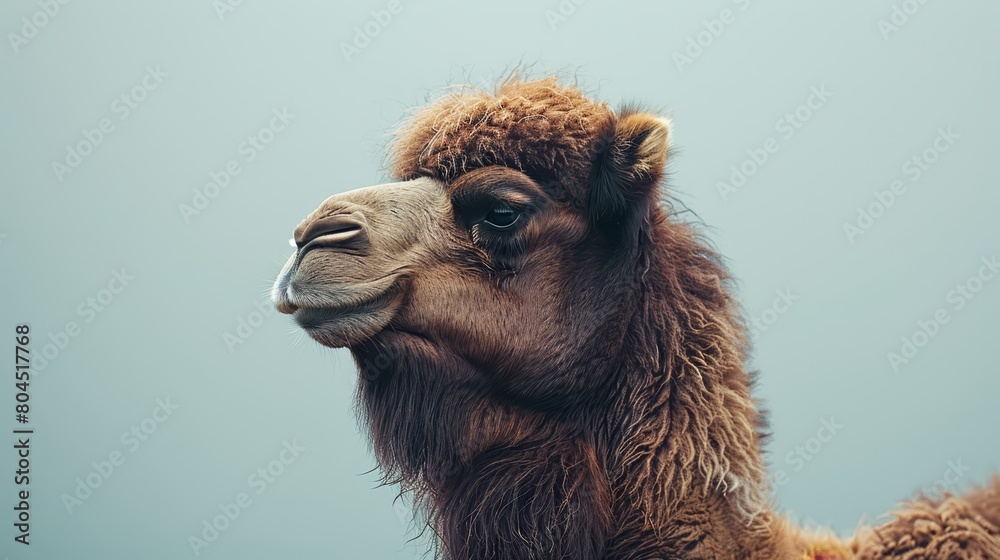 Naklejka premium A tight shot of a camel's head against a backdrop of a clear blue sky