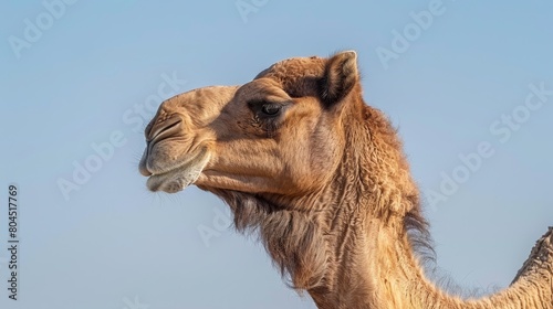   A tight shot of a camel's face against a backdrop of a clear blue sky © Jevjenijs