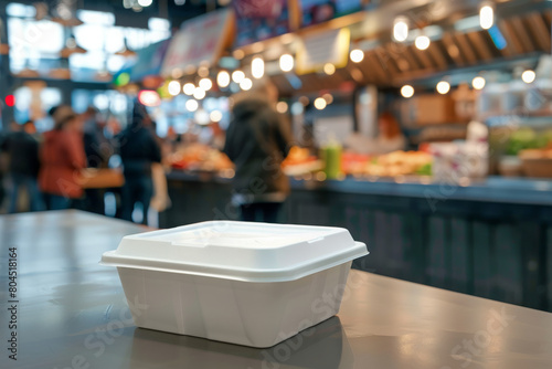 White, empty takeout food container mockup, displayed in a bustling urban food market, suitable for catchy design work. --ar 3:2 --seed 22589768 Job ID: 75ab21ad-89d0-4ad0-ab5e-d31e77adcbe2 photo