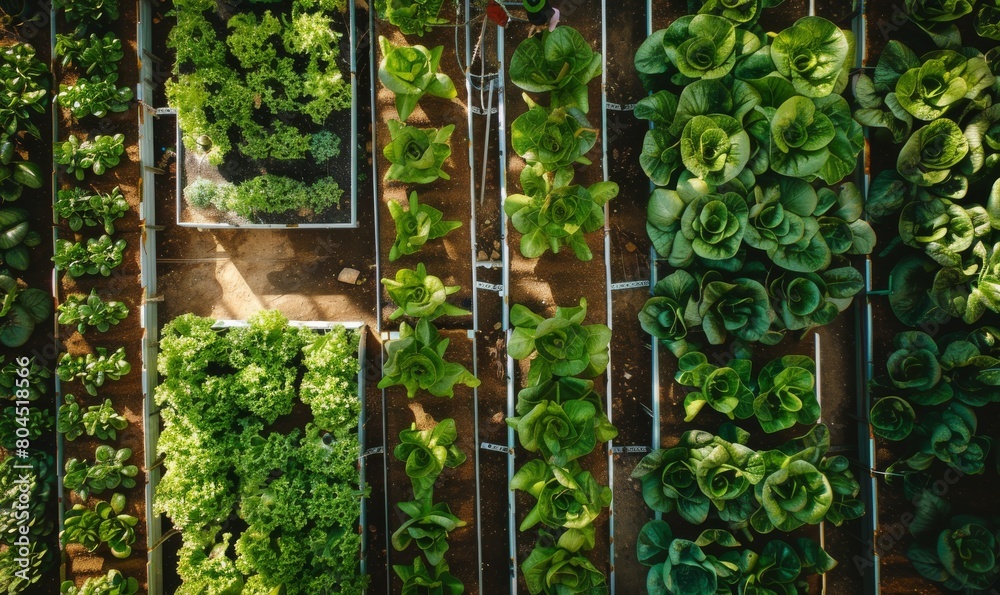 Aerial View of Green Vegetables in Aerial Farm with Sunlit Leaves Aerial View of Green Vegetables in Aerial Farm with Sunlit Leaves