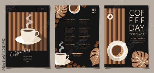 Set of minimal background templates with coffee beans and coffee mug for invitations, cards, banner, brochure, poster, cover, cafe menu or another design.
