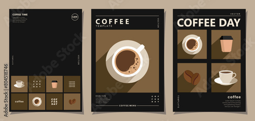 Set of minimal background templates with coffee beans and coffee mug for invitations, cards, banner, brochure, poster, cover, cafe menu or another design.