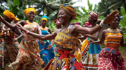 A group of women wearing vibrant clothing are energetically dancing together.