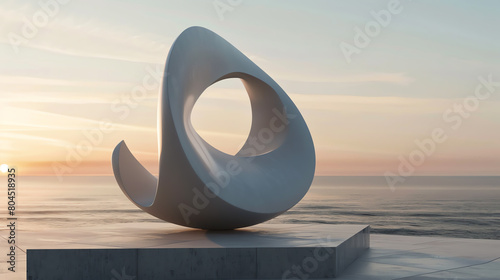 Illustrate a modern, minimalist sculpture against a serene, ocean backdrop using digital rendering techniques like CG 3D rendering Play with unexpected camera angles to highlight the sculptures clean