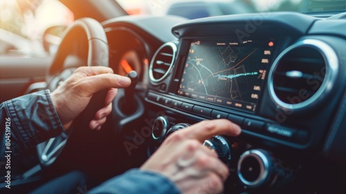 The concept of transportation, technology, and vehicles is illustrated by a man using a touchscreen interface to control his car, using a touch panel button for system control, GPS and DVD, with photo