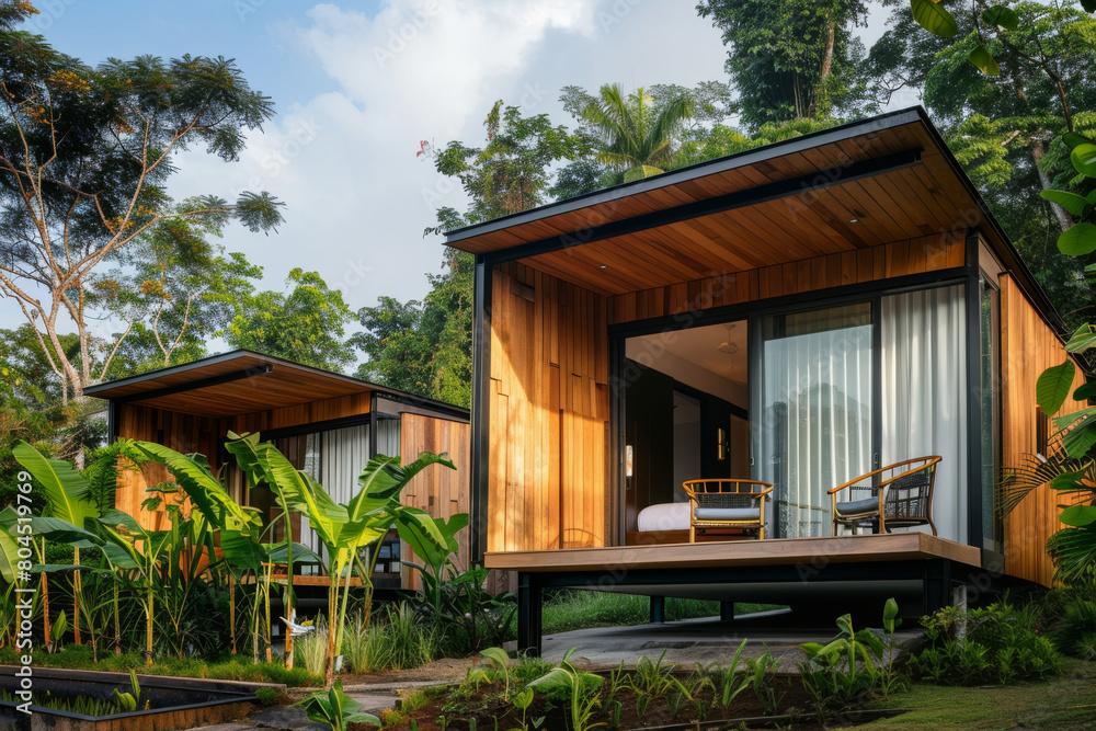 Eco-lodge with contemporary architecture harmoniously integrated into a tropical landscape, providing a sustainable travel experience with modern amenities in a natural setting