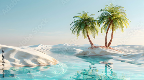 3D Cartoon Desert Oasis  Discovering Tranquility in the Shimmering Pool Amidst the Palm Trees