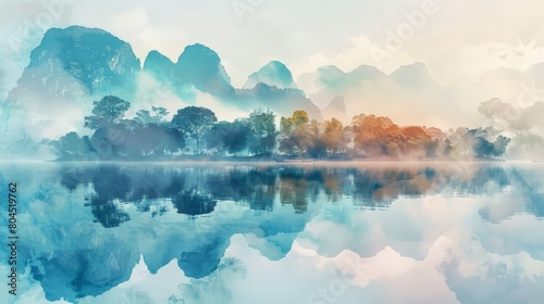 Amazing watercolor view of foggy morning of a mountain range with a lake in the foreground. water is calm and the sky is blue. travel landscapes and destinations