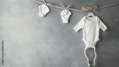Baby clothes hanging on rope on grey background, A row of baby clothes hanging on a clothesline. The clothes are all different colors and styles