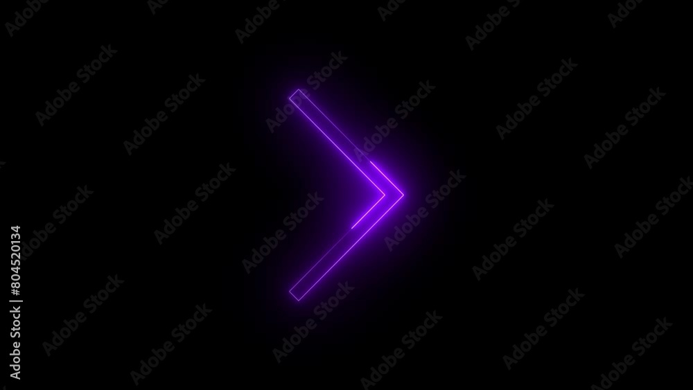 Neon glowing purple color chevron right arrow icon on black background animation Neon glowing purple color chevron right arrow icon on black background animation