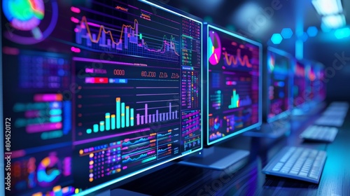 computer and dashboard for data business analysis and Data Management System with KPI and metrics connected to the database for technology finance, operations, sales, marketing.