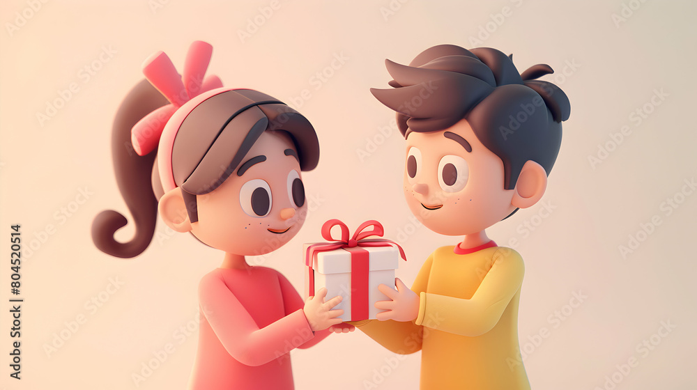 Romantic Couple Exchanging Heartfelt Gifts on Dia dos Namorados in Cartoon Style - 3D Icon Concept Romantic Couple Exchanging Heartfelt Gifts on Dia dos Namorados in Cartoon Style - 3D Icon Concept