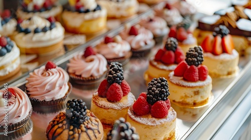 On a tray, many beautiful cakes are displayed