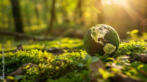 Earth Day Environment, global is green and has a blue and white design. The scene is peaceful and serene, with the globe representing the Earth