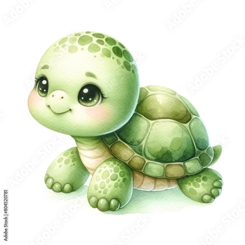 A cute cartoon turtle with big eyes and a friendly smile.
