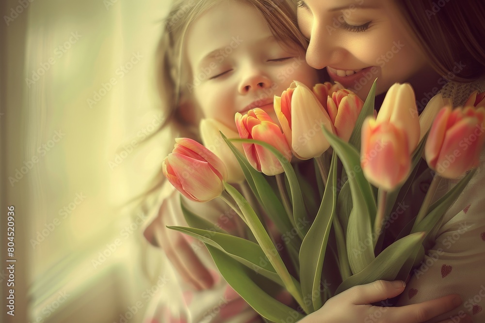The little daughter hugs her mother and gives her a bouquet of flowers, mothers day, love The little daughter hugs her mother and gives her a bouquet of flowers, mothers day, love