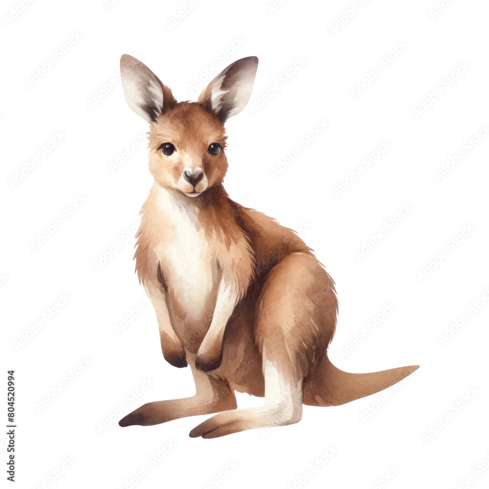 A kangaroo is sitting on the ground, looking at the camera. The kangaroo is brown and white, with a long tail and big ears. A kangaroo is sitting on the ground, looking at the camera. The kangaroo is brown and white, with a long tail and big ears.