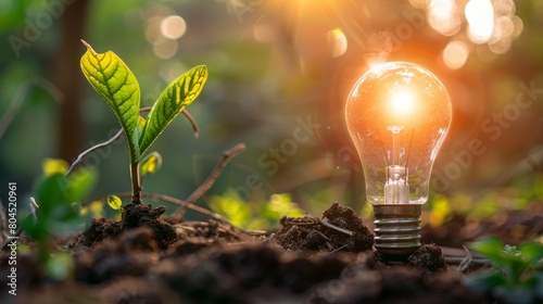 light bulb is lit up and is surrounded by green leaves. The light bulb is glowing brightly, creating a warm and inviting atmosphere. Concept of growth and vitality