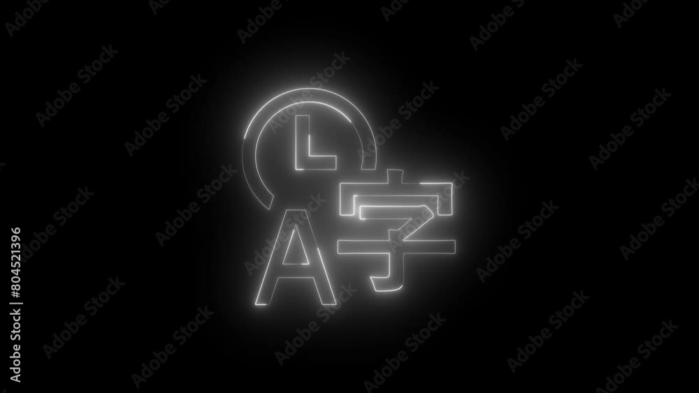 Neon glowing white color time language icon on black background animation Neon glowing white color time language icon on black background animation