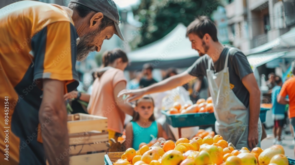 Several individuals standing around a table filled with oranges, engaging in discussions or activities. Several individuals standing around a table filled with oranges, engaging in discussions or activities.