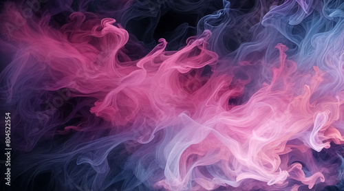 The image of colorful smoke changing color from pink to lilac on a dark background creates a mystical and magical atmosphere