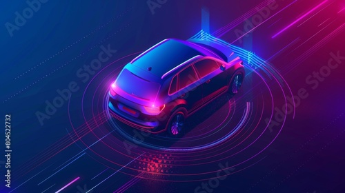 Isometric 3d Modern Illustration of Unmanned Personal Car With Automated Radar GPS Detector. People Safe Driverless Artificial Intelligent Auto Transport System. Vehicles With Automated Radar GPS photo