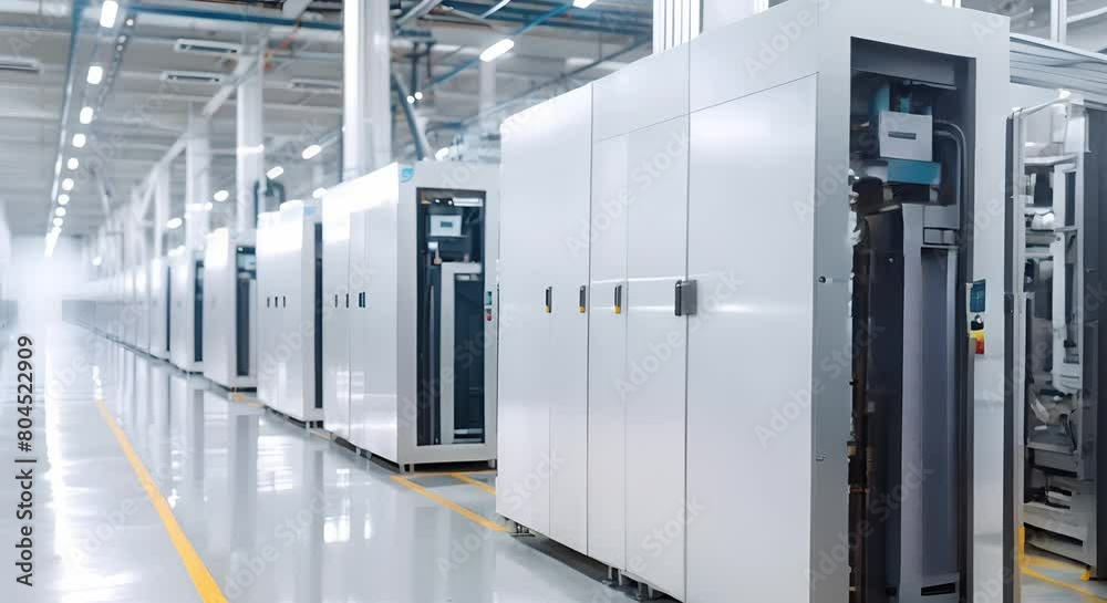 Imagined large lithium battery production plant with advanced machinery technology in hall. Concept Industrial Machinery, Lithium Battery Production, Advanced Technology, Manufacturing Plant