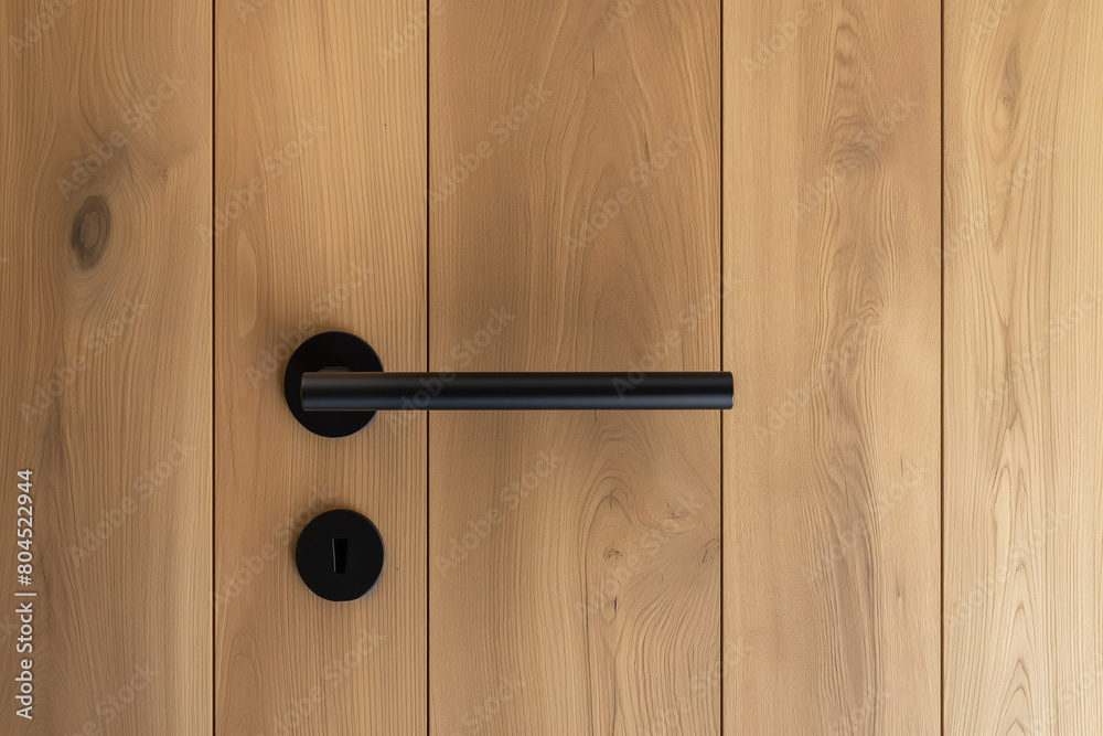 Photo of a modern wooden door with a black handle on a wooden wall, close up. Minimalist interior design of the entrance in the style of the house Photo of a modern wooden door with a black handle on a wooden wall, close up. Minimalist interior design of the entrance in the style of the house