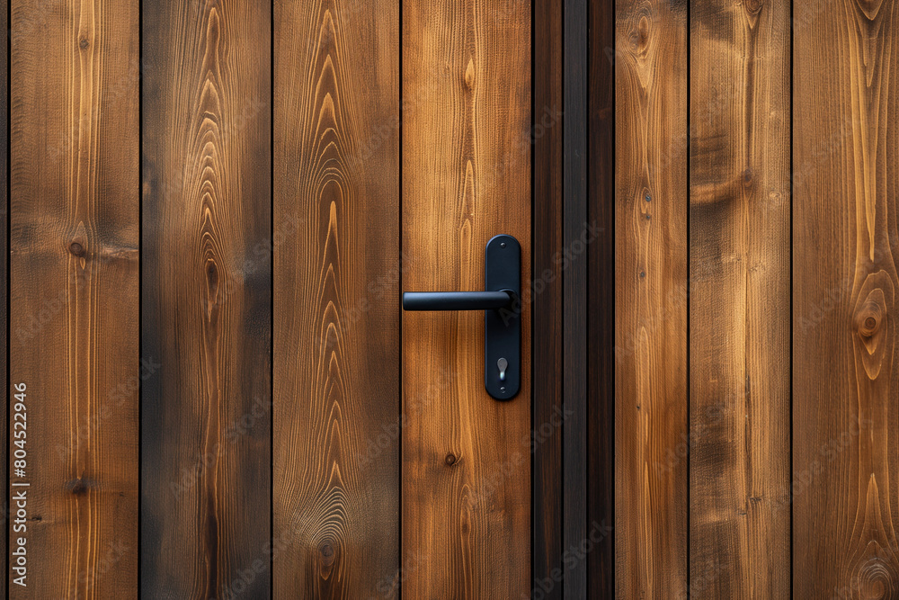 Photo of a modern wooden door with a black handle on a wooden wall, close up. Minimalist interior design of the entrance in the style of the house Photo of a modern wooden door with a black handle on a wooden wall, close up. Minimalist interior design of the entrance in the style of the house