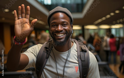 Deaf fitness instructor waving with headphones and backpack. Generative AI