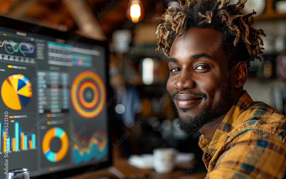 Man with dreadlocks working on computer screen. Generative AI Man with dreadlocks working on computer screen. Generative AI