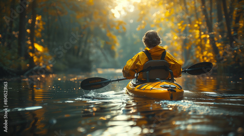 Elderly kayaker paddling yellow jacket kayak. Generative AI © MikeLegend
