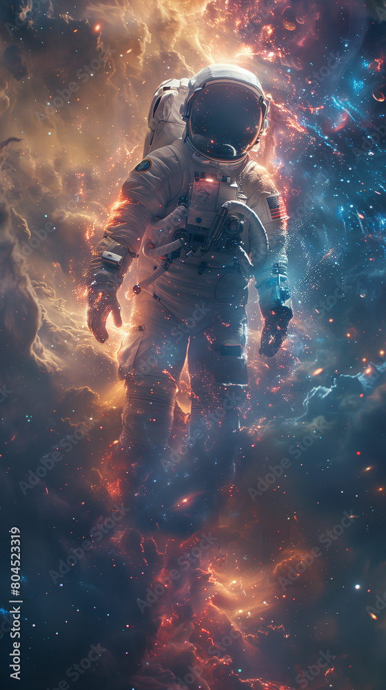 Astronaut walking through an astral space filled with stars. Generative AI