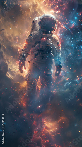 Astronaut walking through an astral space filled with stars. Generative AI © MikeLegend