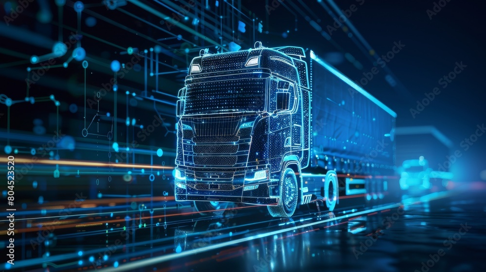 Intelligent autonomous truck. Unmanned truck. Artificial intelligence controls the autonomous truck. Hologram car style in HUD/UI/GUI. Hardware diagnostics, analyze and diagnose the car.