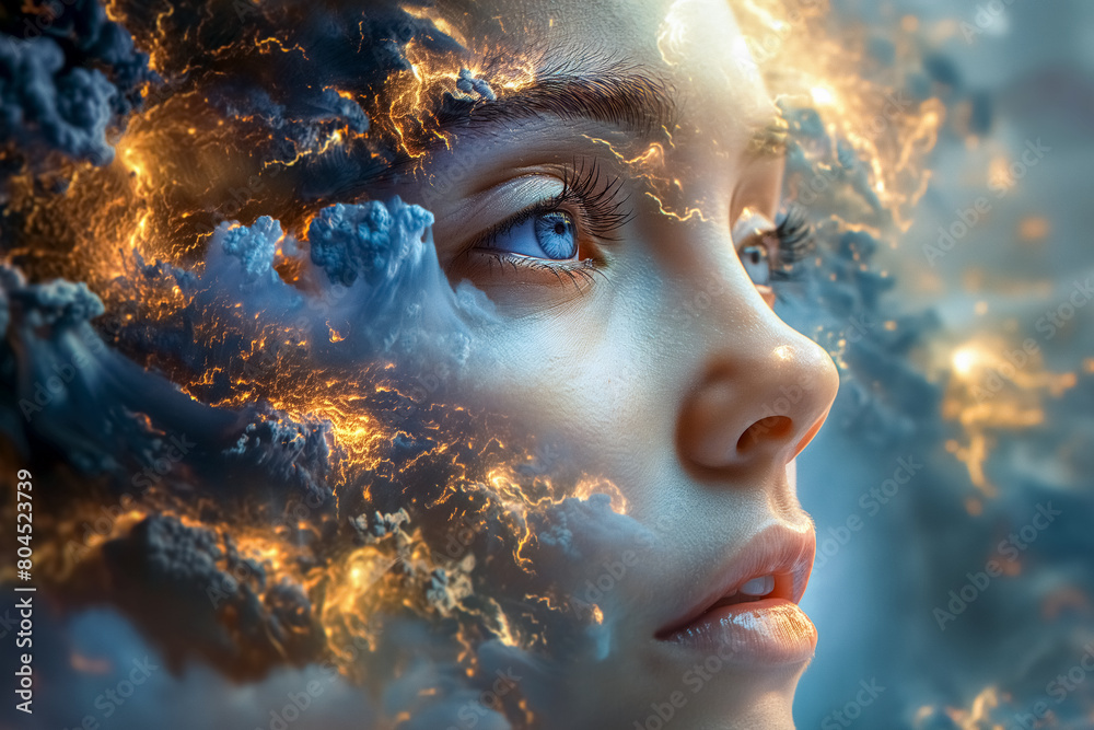 Surreal picture of closeup beautiful woman's face covered with storm clouds and lightning. Concept of human anxiety and mental burning out, and worries. Surreal picture of closeup beautiful woman's face covered with storm clouds and lightning. Concept of human anxiety and mental burning out, and worries.