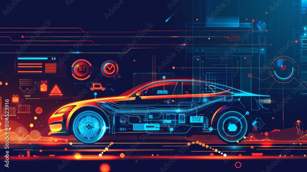 SET futuristic car service, scanning, and data analysis. Intelligent car banners. Futuristic smart cars and icons. Modern illustration.