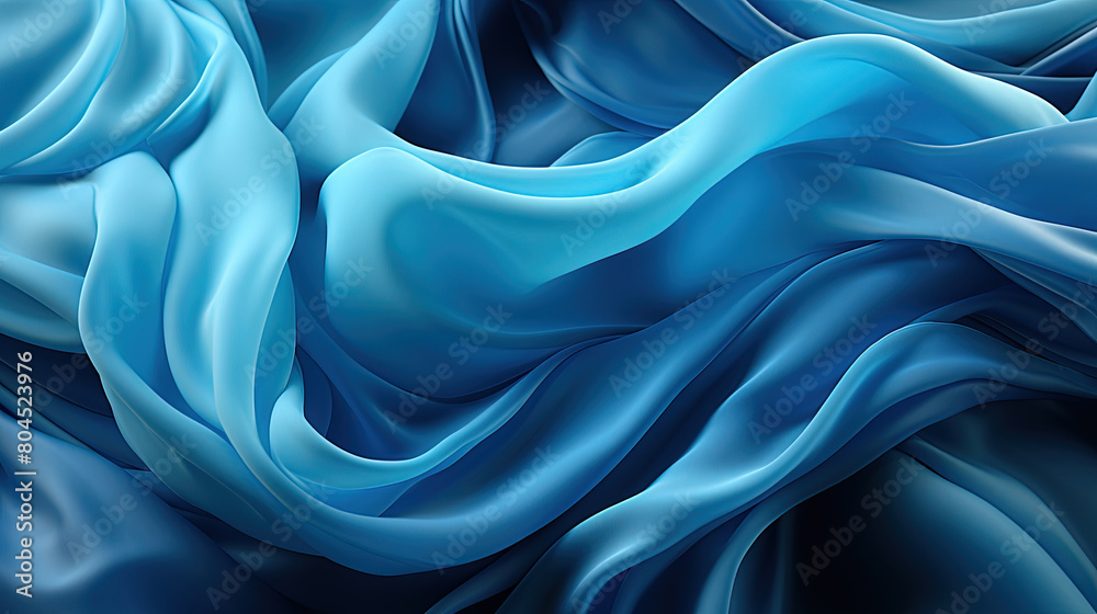 Fototapeta premium Heavenly Fluttering Blue Color Silk Fabric in Space With Delicate Folds on Focus on Foreground