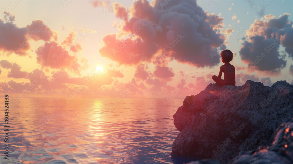 The person is sitting on the edge of a cliff overlooking a vast ocean.Generative AI