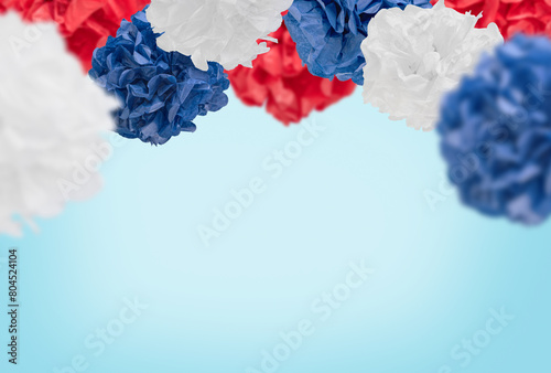 Happy 4th of July Holiday. Flying or levitation USA decorative paper balls and small flags, red, blue and white colors American flag on blue background. Labor, Independence or Presidents Day. Mock up © kasia2003