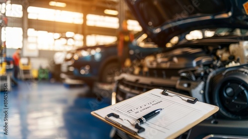 The clipboard on a car with the car insurance claim form for the customer's vehicle maintenance checklist in the garage of an auto repair shop illustrates the idea of engine repair service for the photo