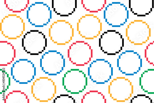 Abstract colorful rings seamless pattern. Circles pixel embroidery ethnic style.Vector illustration isolated on white background.Sport events summer and winter competition. Design for decor,product.