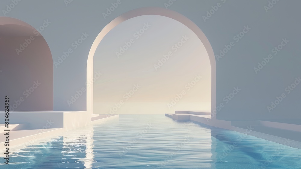 The background is an abstract scene with geometrical shapes, an arch with a swimming pool in natural daylight. There is a minimal 3D landscape behind the abstract scene.