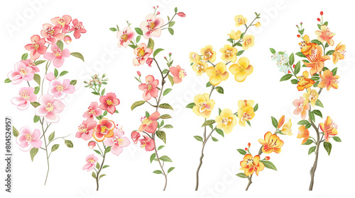 Spring Floral Branches on Transparent Background - Botanical Illustration of Colorful Flowers and Leaves, Ideal for Seasonal Designs and Decor © Pasinee