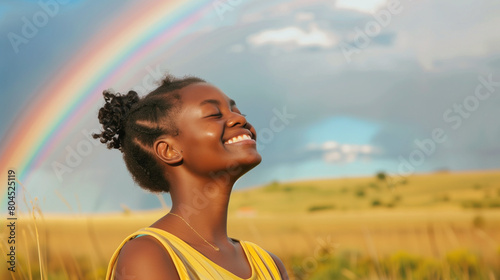 Happy young black woman breathing fresh air outdoors in nature. African american female meditating outside practicing wellness meditating deep breathing. Blue sky and rainbow. Inclusive pride