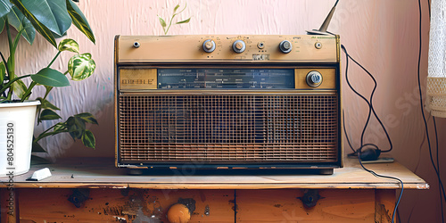 Vintage, retro radio. Radio old fashioned on wooden floor, old fashioned wall background, 3d illustration 