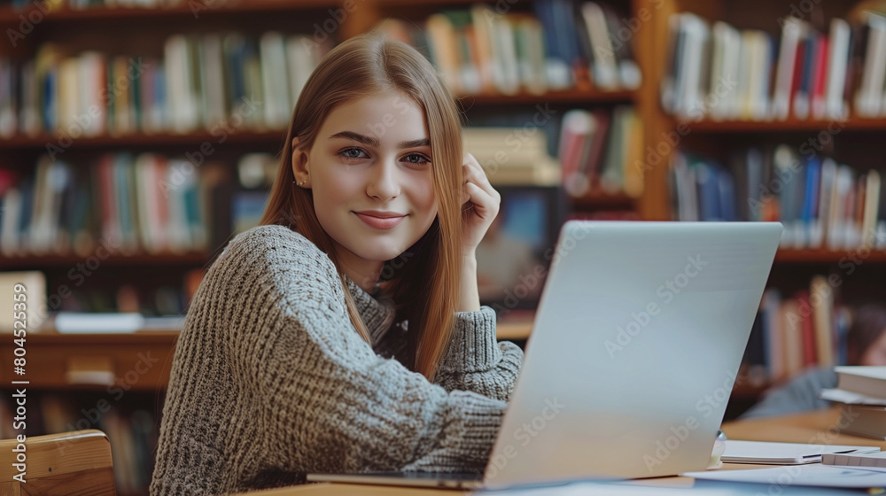 Portrait of happy attractive student girl posing for camera seated at desk with laptop and textbook, enjoy education in university, preparing for exams or high-school admission, studying in library Portrait of happy attractive student girl posing for camera seated at desk with laptop and textbook, enjoy education in university, preparing for exams or high-school admission, studying in library